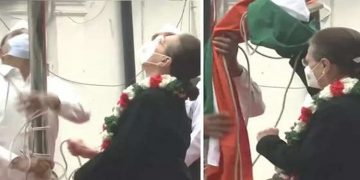 സോണിയ ഗാന്ധി ഉയര്‍ത്തിയ കോണ്‍ഗ്രസ് പതാക പൊട്ടിവീണു ; വേദി വിട്ട് അധ്യക്ഷ