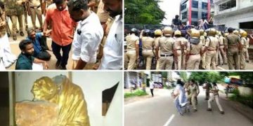 ഗാന്ധി പ്രതിമയുടെ തല തകർത്ത സംഭവം ; ഡിവൈഎസ്പി ഓഫീസിലേക്ക് യൂത്ത് കോൺഗ്രസ് മാര്‍ച്ച് – സംഘര്‍ഷം