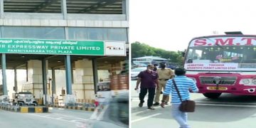 പന്നിയങ്കര ടോള്‍ പ്ളാസ ; സ്വകാര്യ ബസ്സുകള്‍ ടോള്‍ കൊടുക്കാതെ നിര്‍ത്തിയിടുന്നു – യാത്രക്കാര്‍ ദുരിതത്തില്‍
