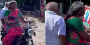 ഭര്‍ത്താവിനെ പിന്നിലിരുത്തി ഭാര്യയുടെ മോട്ടോര്‍സൈക്കിള്‍ യാത്ര; വൈറലായി വീഡിയോ