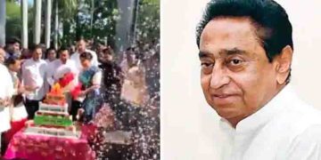 ക്ഷേത്രാകൃതിയിലുള്ള കേക്ക്, മുകളിൽ ഹനുമാൻ രൂപം; കേക്ക് മുറിച്ച് കമൽനാഥ്, മതവികാരം വ്രണപ്പെട്ടെന്ന് ബിജെപി