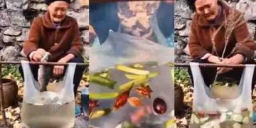 പ്ലാസ്റ്റിക് ബാഗിൽ ഫിഷ് സൂപ്പ് തയ്യാറാക്കുന്ന സ്ത്രീ; വിമര്‍ശനം