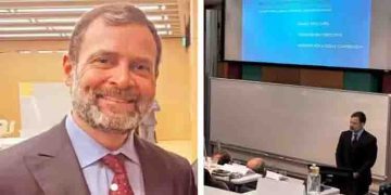 മുടിയും താടിയും വെട്ടിയൊതുക്കി, കോട്ടിട്ട് ടൈ കെട്ടി; കേംബ്രിഡ്ജ് സർവകലാശാലയിൽ പുത്തന്‍ ലുക്കില്‍ രാഹുൽ​ഗാന്ധി