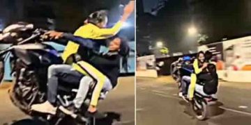 മുന്നിലും പിന്നിലും പെൺകുട്ടികളെയിരുത്തി ബൈക്കിൽ യുവാവിന്റെ ‘ഷോ’, പിന്നാലെ കേസുമായി പൊലീസ് -വീഡിയോ