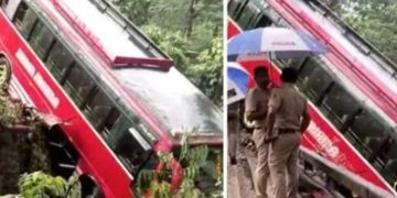 തൃശ്ശൂരിൽ സ്വകാര്യബസ് തോട്ടിലേക്ക് മറിഞ്ഞ് അപകടം, മൂന്ന് സ്ത്രീകൾക്ക് പരിക്ക്