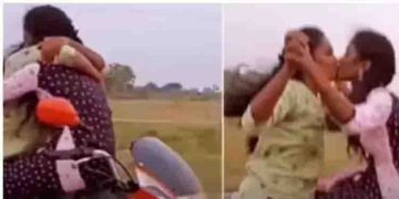 ഓടുന്ന ബൈക്കില്‍ മുഖത്തോട് മുഖം നോക്കിയിരുന്ന് ചുംബിക്കുന്ന യുവതികളുടെ വീഡിയോ വൈറല്‍