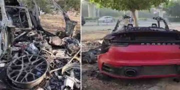 അമിത വേ​ഗതയിലെത്തി മരത്തിലിടിച്ചു, രണ്ട് കോടിയുടെ കാർ നടുറോഡിൽ കത്തിയമർന്നു, ഡ്രൈവർ ഇറങ്ങിയോ​ടി – വീഡിയോ