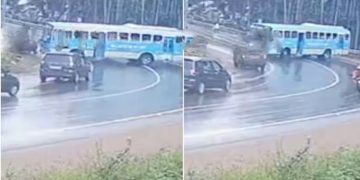 കോഴിക്കോട് മാടാമ്പുറം വളവില്‍ ബസ് റോഡിൽ തെന്നി നീങ്ങി