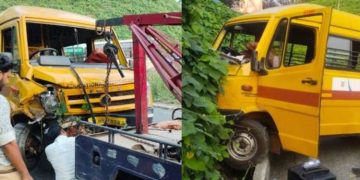 താമരശ്ശേരി ചുരത്തിൽ സ്കൂൾ വാൻ ബ്രേക്ക് നഷ്ടപ്പെട്ട് മതിലിൽ ഇടിച്ചു : 5പേർക്ക് പരിക്ക്