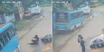 റോഡിൽവീണ സ്കൂട്ടർ യാത്രികൻ ബസിനടിയിൽ പെടാതെ രക്ഷപ്പെട്ടത് തലനാരിഴയ്ക്ക്; രക്ഷയായത് ഡ്രൈവറുടെ സമയോചിത ഇടപെടൽ