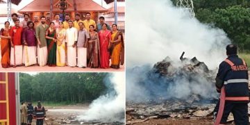 ‘ഗുരുവായൂർ അമ്പല നടയിൽ’ സെറ്റിന്റെ അവശിഷ്ടങ്ങൾ കൂടിയിട്ടു കത്തിച്ചു; എലൂരിൽ മാലിന്യപ്പുക, ഫയർഫോഴ്സെത്തി അണച്ചു