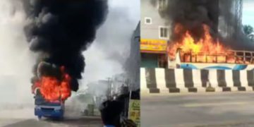 ഓടിക്കൊണ്ടിരിക്കുന്ന ബസിന് തീപിടിച്ചു, ഡ്രൈവറുടെ സമയോചിത ഇടപെടലിൽ യാത്രക്കാർ രക്ഷപ്പെട്ടു, സംഭവം കോയമ്പത്തൂരിൽ