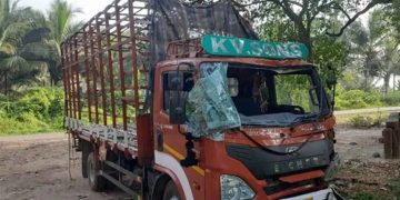 ചിറ്റൂര്‍ ആലംകടവ് പാലത്തിനു സമീപം കോഴി കയറ്റി വന്ന ലോറി ബസ് കാത്തിരിപ്പ് കേന്ദ്രത്തിലേക്ക് മറിഞ്ഞ് സ്ത്രീ മരിച്ചു